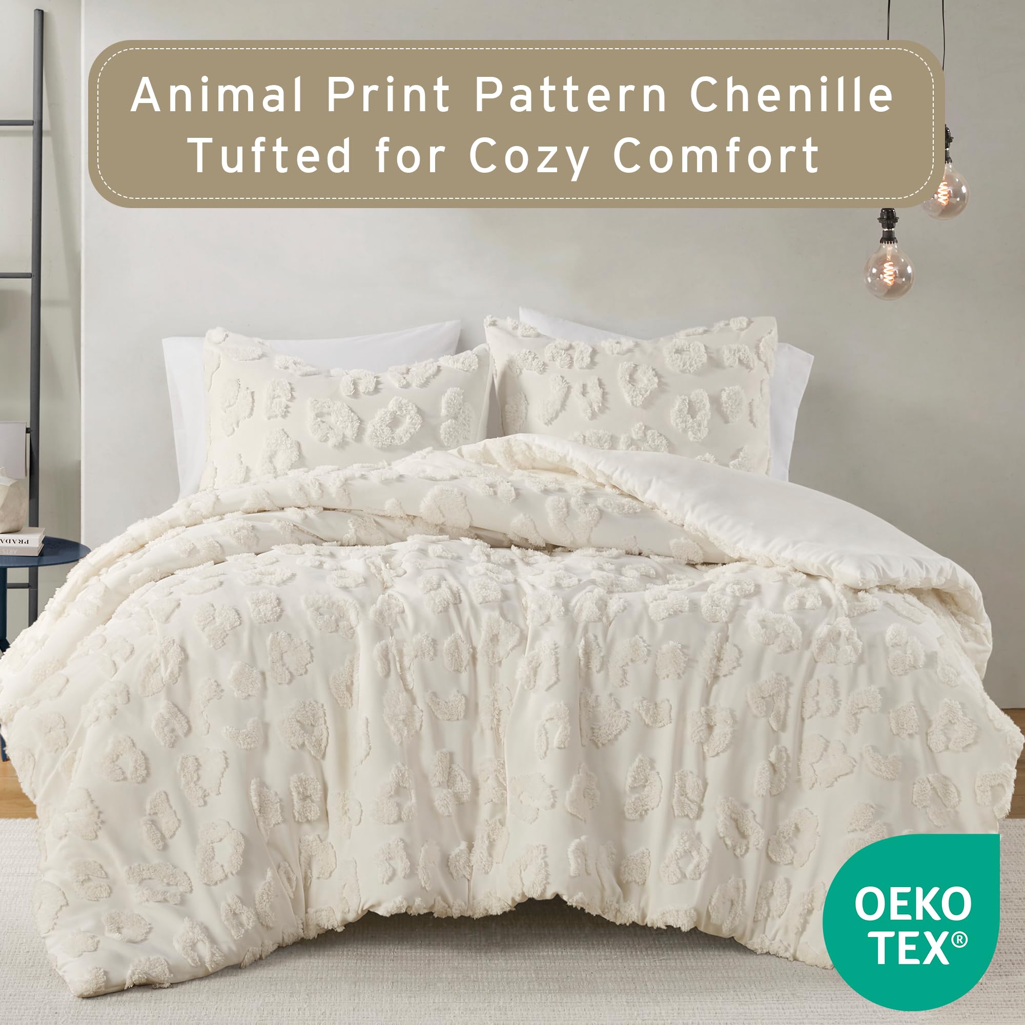 Chenille Tufted Animal Print Comforter Set - Full/Queen Off-White 3 Piece