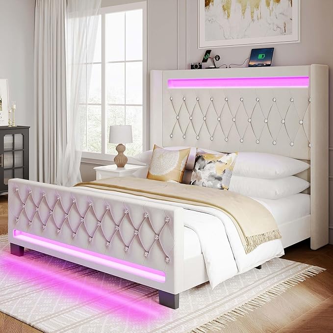 Queen Upholstered Bed Frame with LED Lighting
