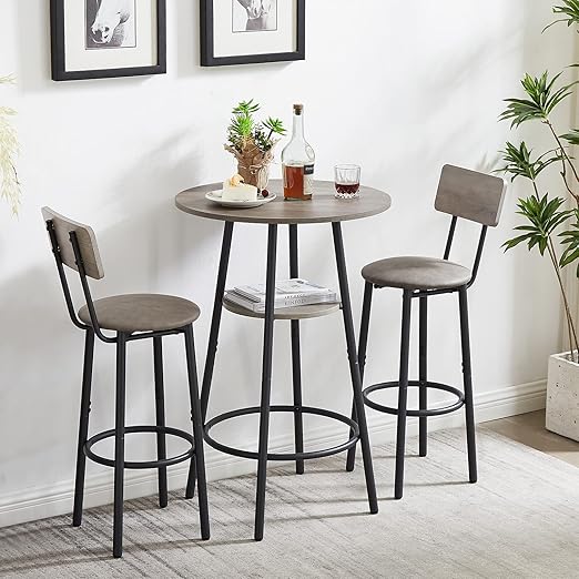 3-Piece Round Bar Table Set with Upholstered Stools