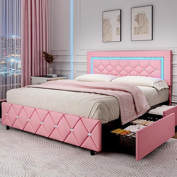 Queen LED Bed Frame with Storage Drawers