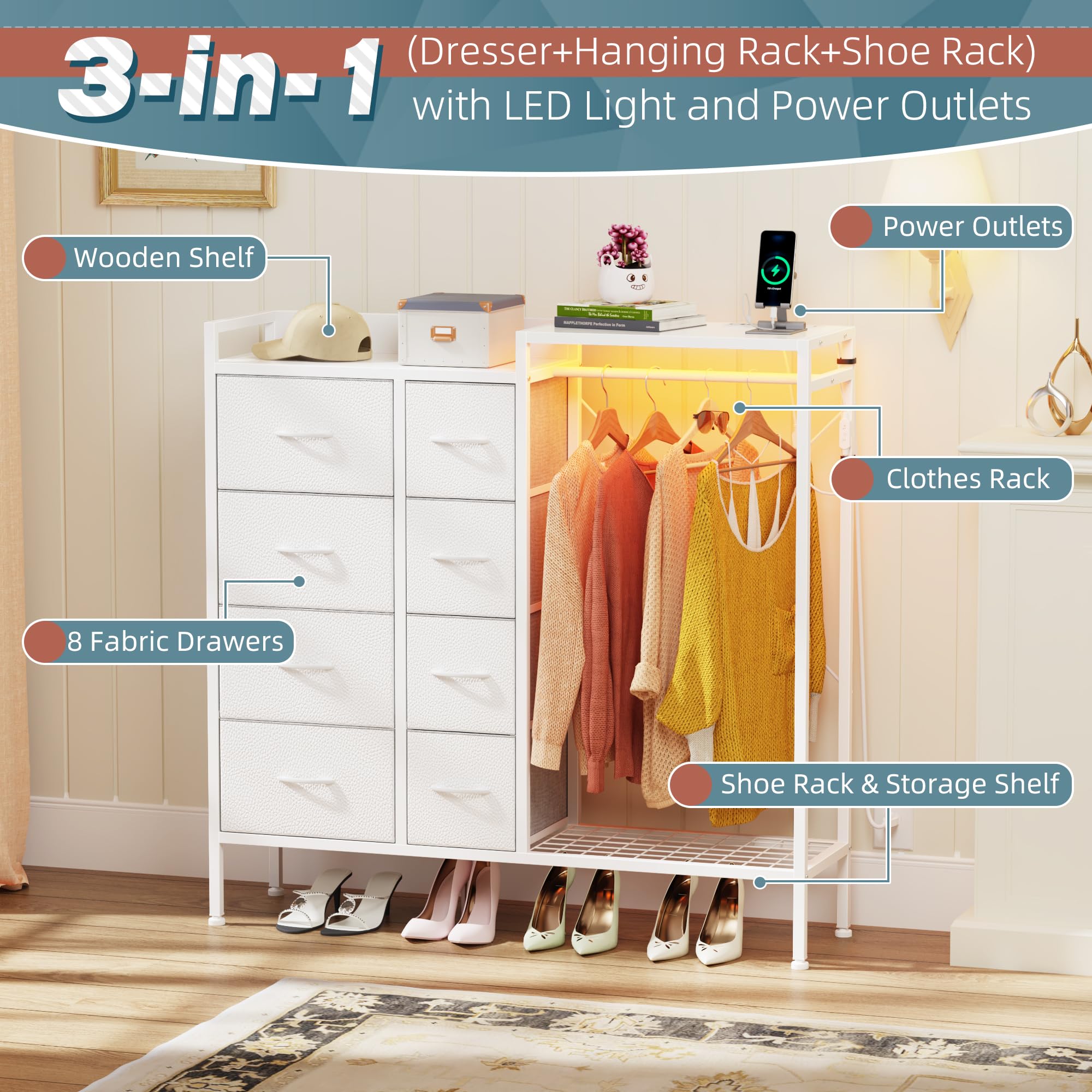 8-Drawer Dresser with Hanging Rack, Charging Station & LED Lights