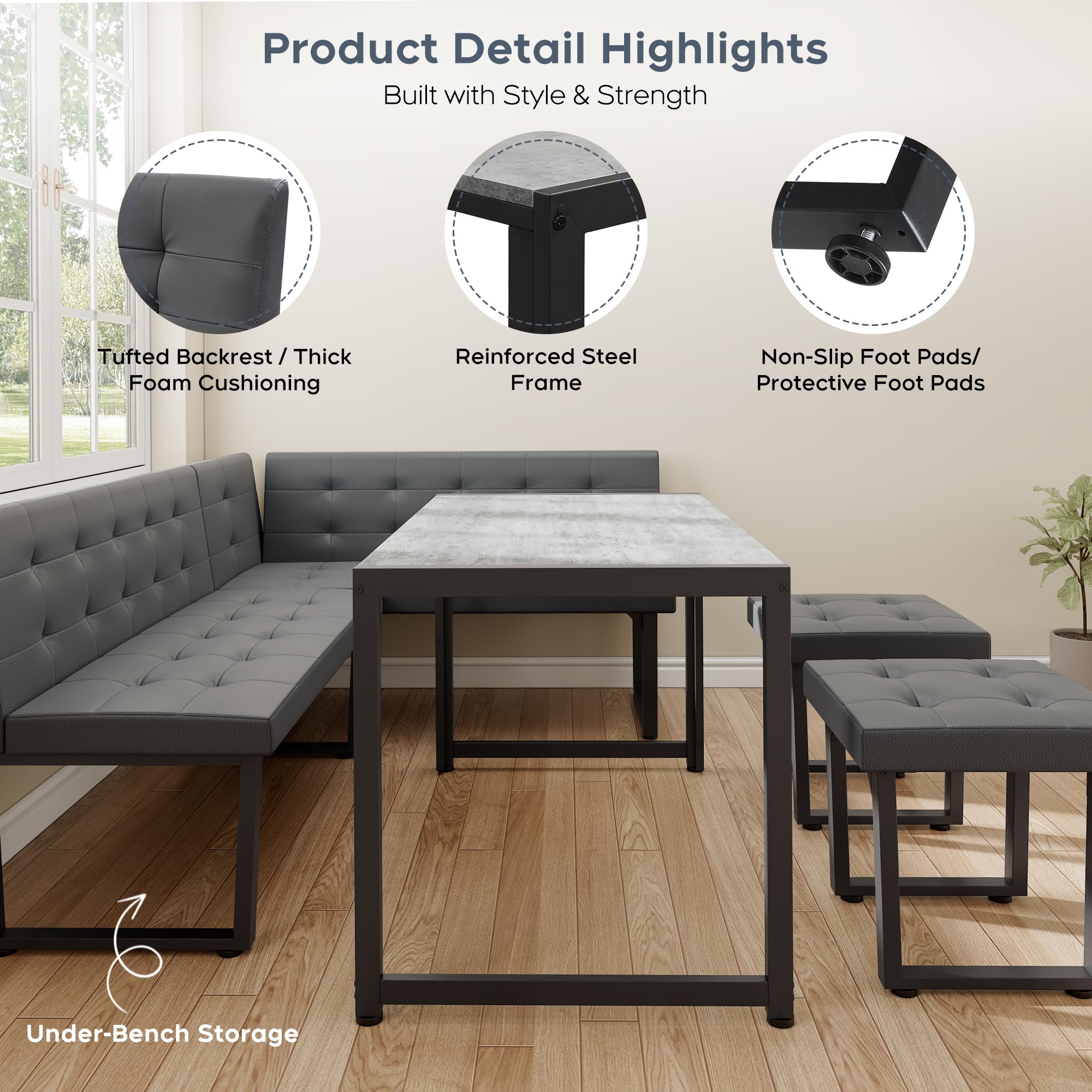 Corner Dining Table Set with Upholstered Banquette 5-Piece