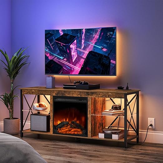 Fireplace TV Stand with Charging Station and LED Lights