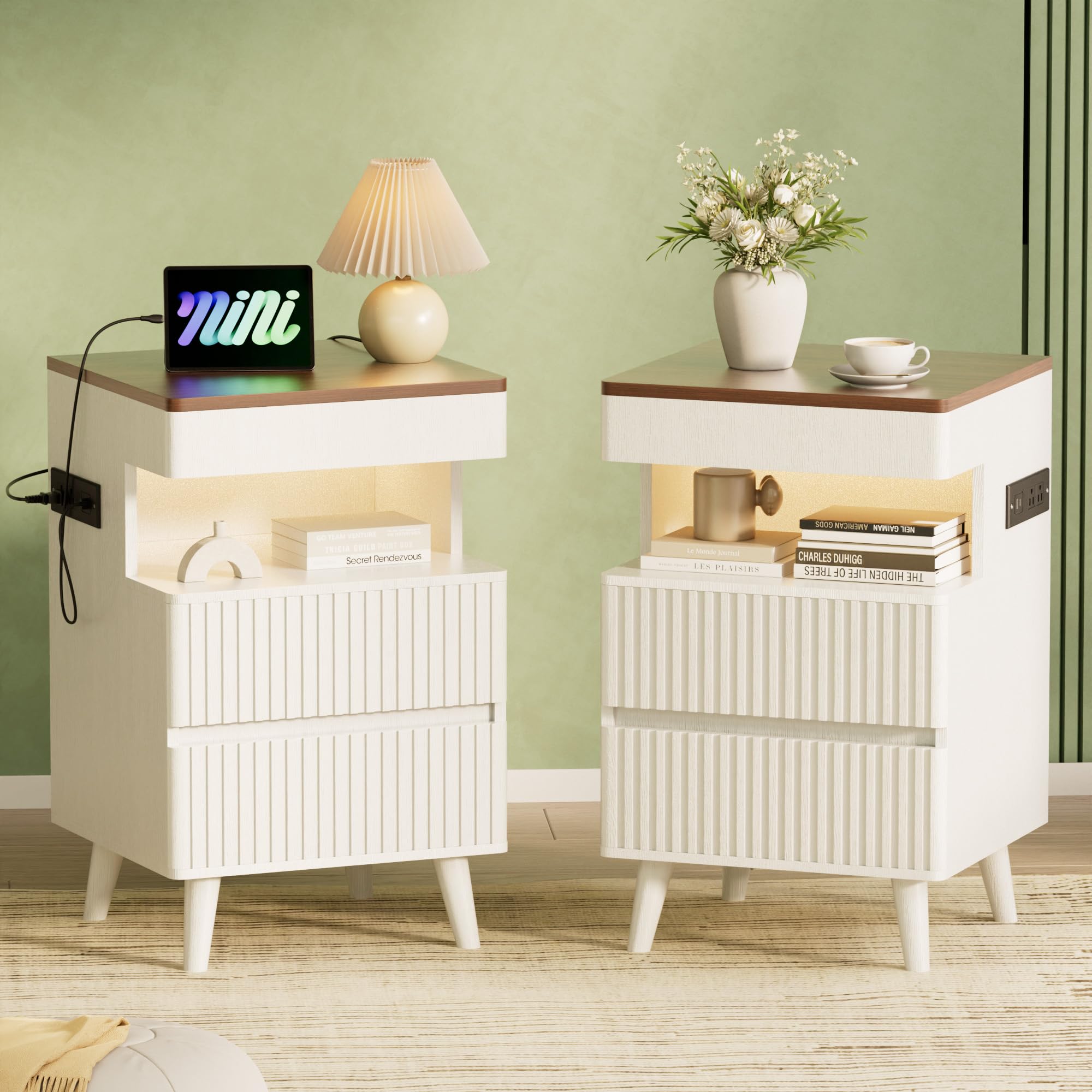 Tall Fluted Nightstand with Charging Station & LED Light