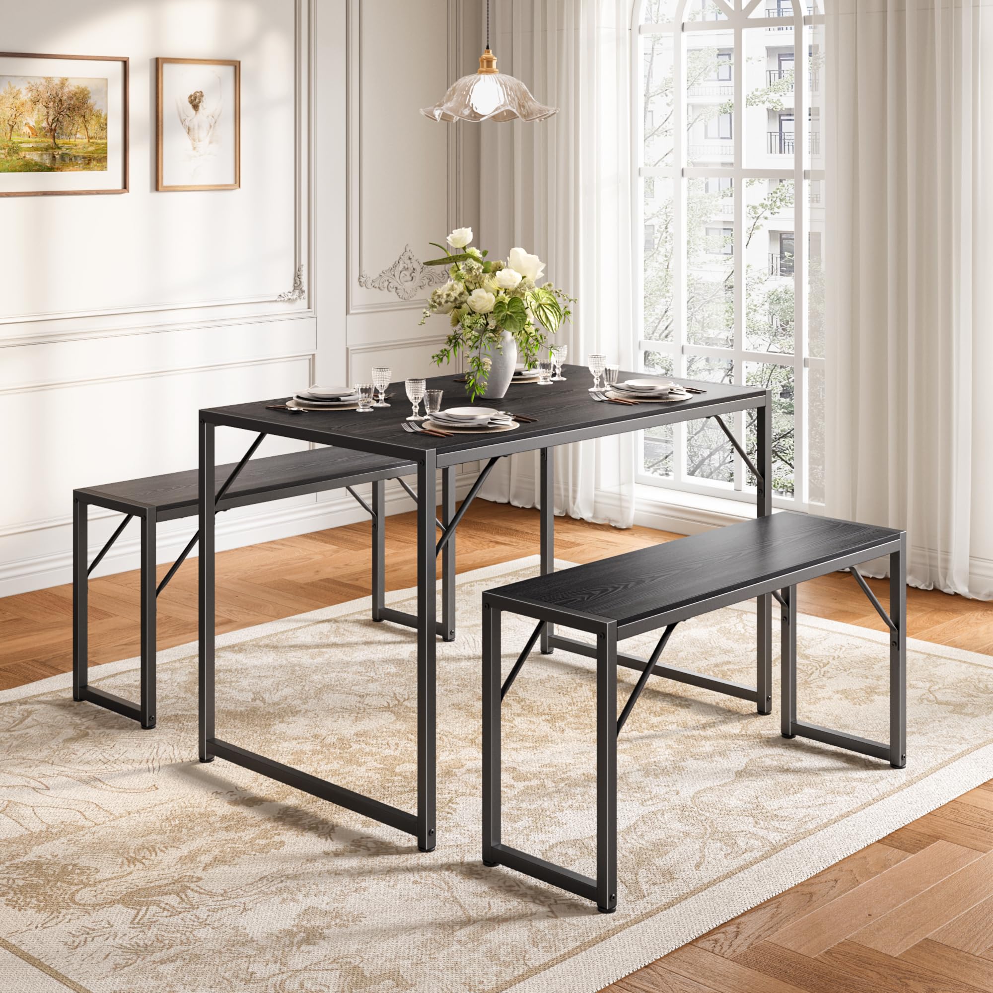 4-Piece Space-Saving Dining Table Set with Benches