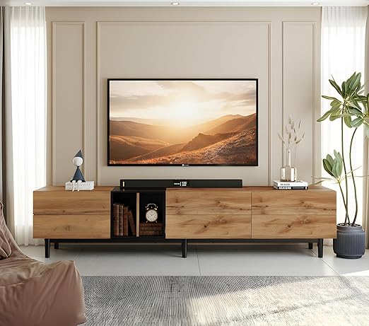 TV Stand with 6 Cabinets and 2 Open Shelves for 80 Inch TVs