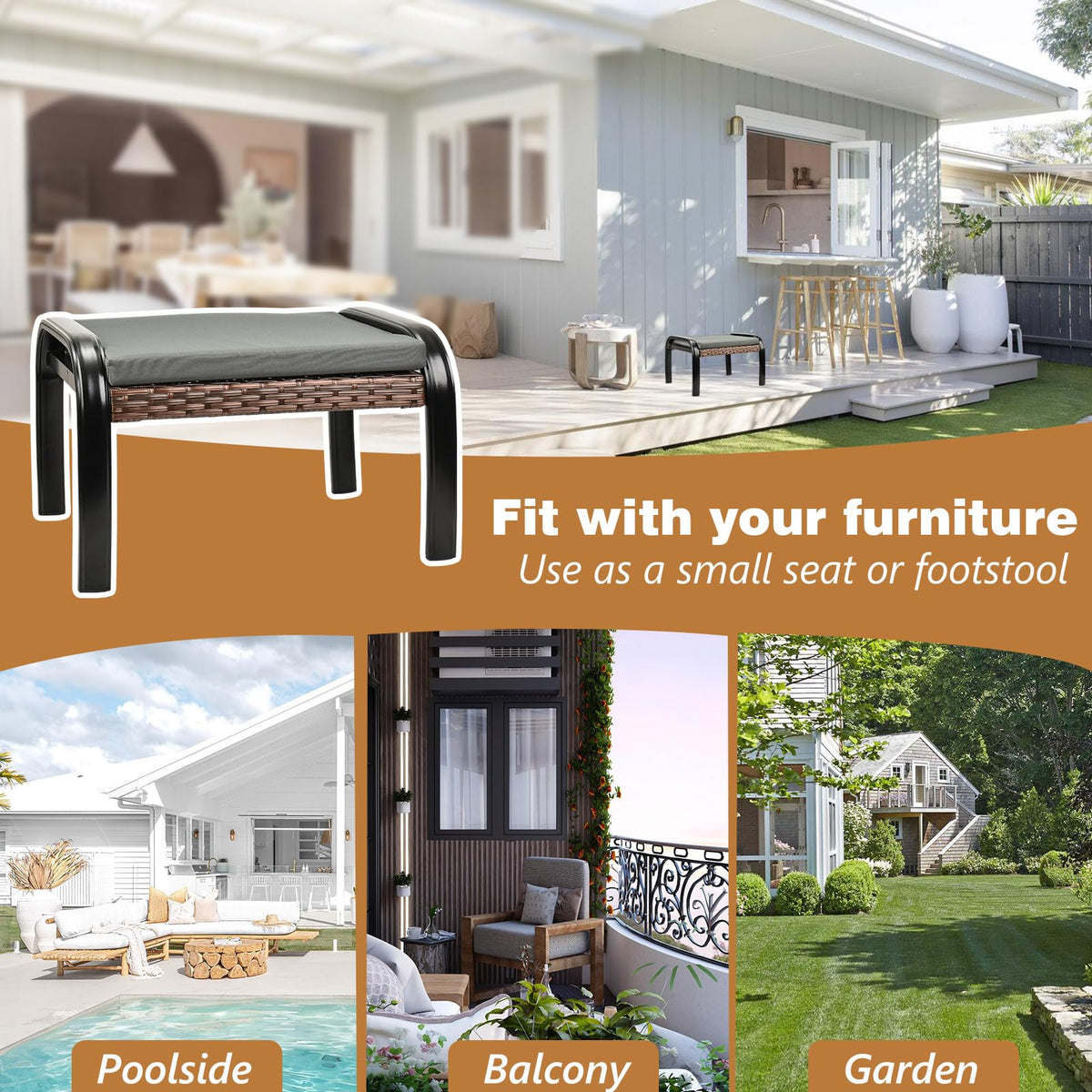 Outdoor Rattan Footstool Ottoman with Cushion