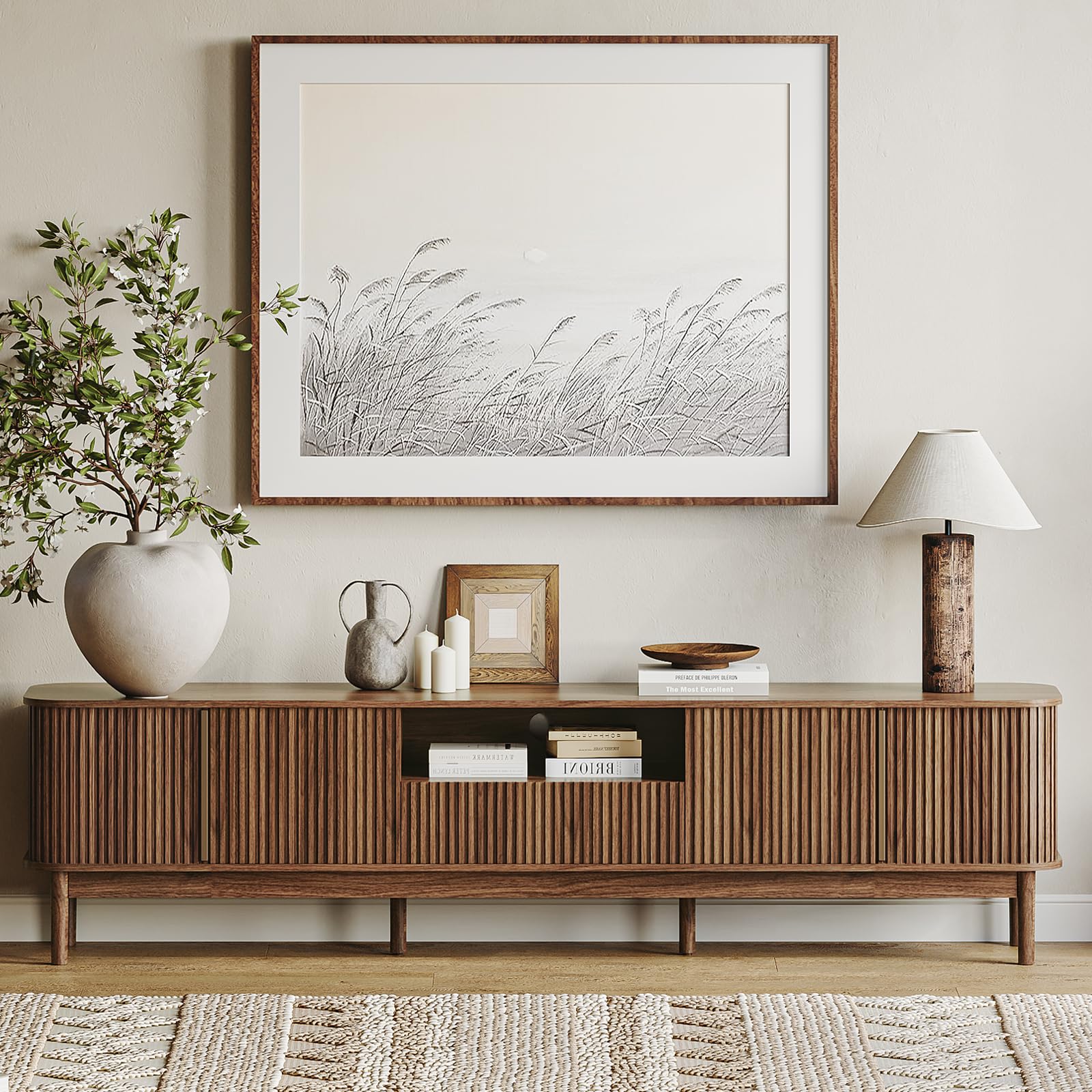 86.6" Fluted TV Stand with Storage Cabinet and Sliding Doors