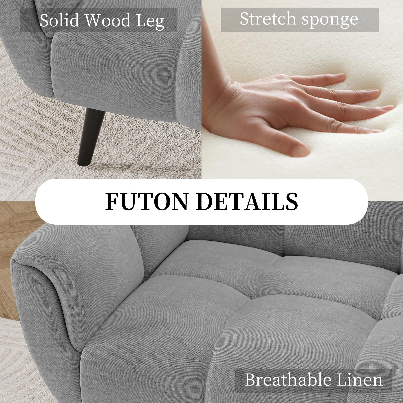 Convertible Futon Sofa Bed 76.77" Grey Linen Sleeper Couch