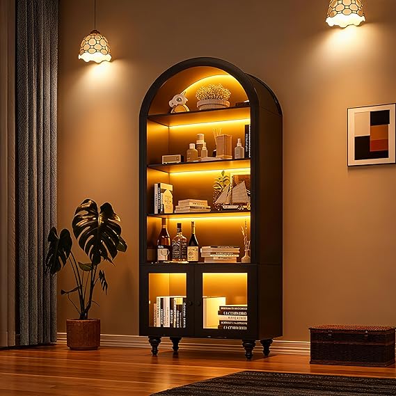 Wooden Display Storage Cabinet with Glass Door and LED Lights