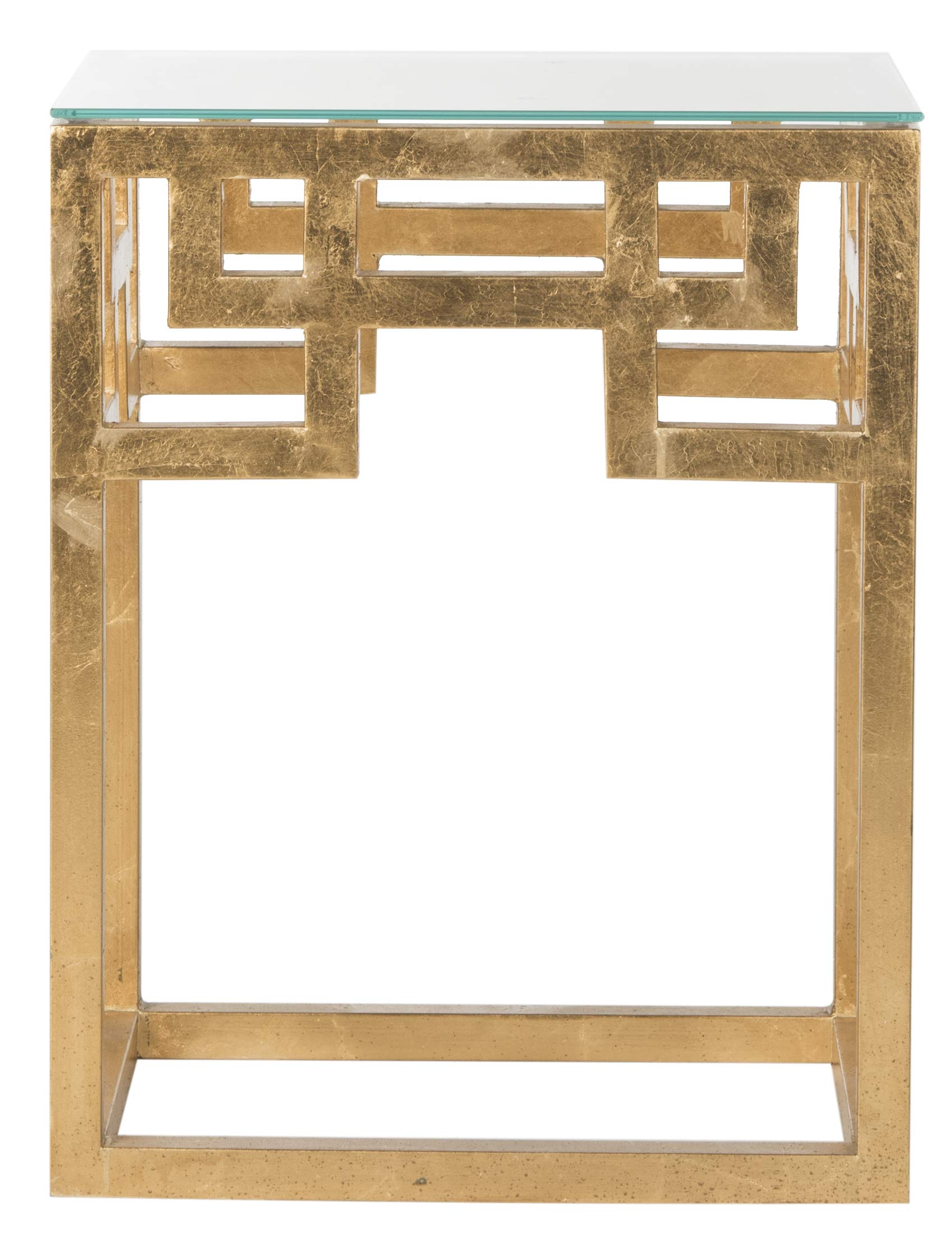 Greek Key Antique Gold Glass Top End Table