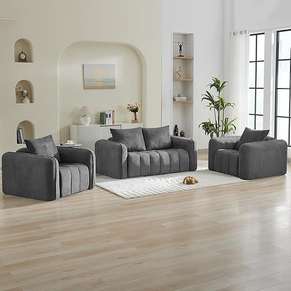 Modern Corduroy Living Room Set - Loveseat with 2 Single Chairs