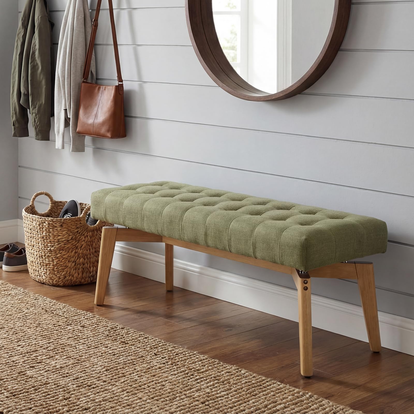 Tufted Linen Upholstered Bench 45.5"