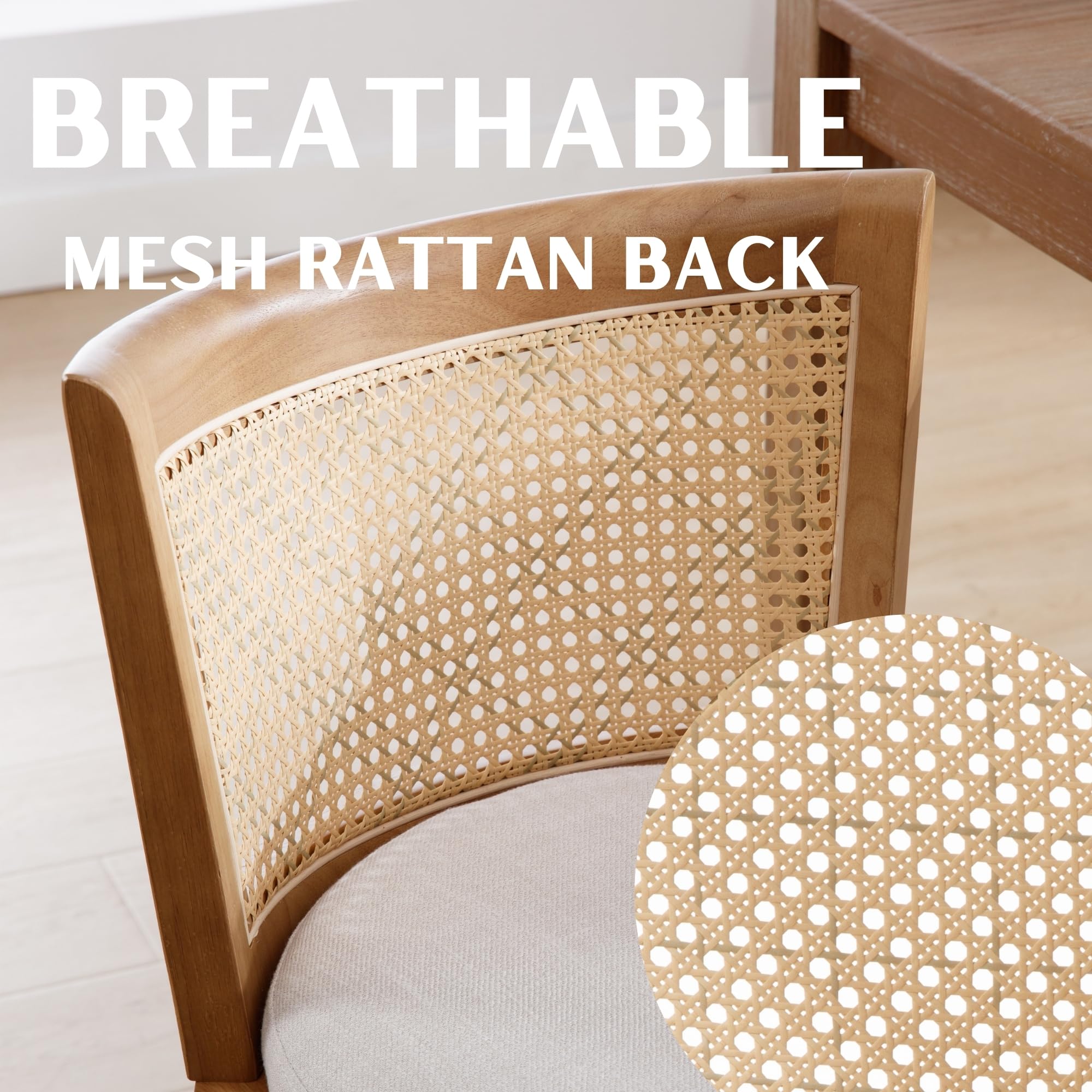 Rattan Dining Chairs Set of 4 with Beige Linen Upholstery