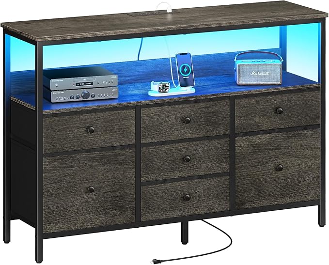 Black Dresser with LED Lights and Charging Station - 8 Drawer Chest