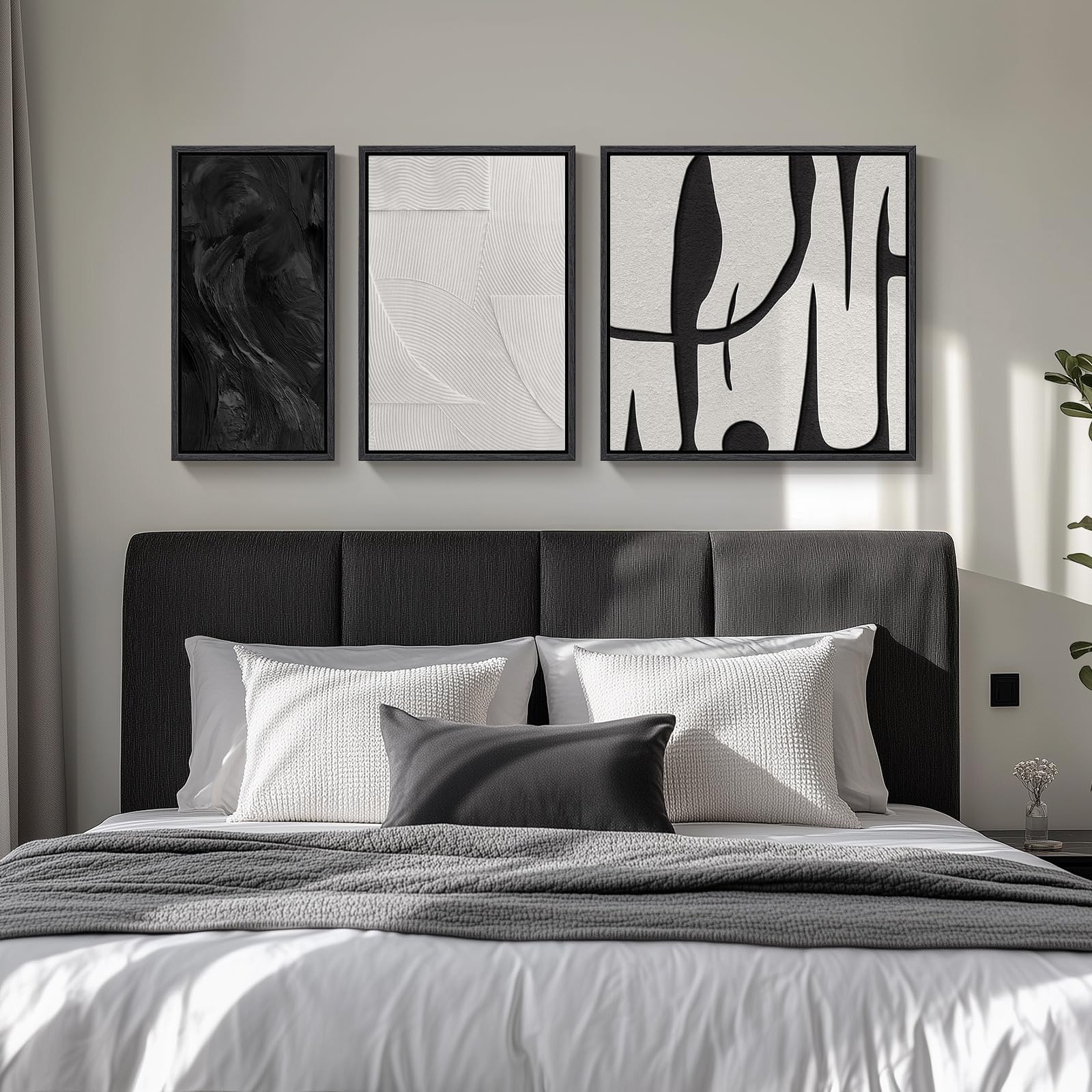 3 Piece Framed Black and White Abstract Canvas Wall Art