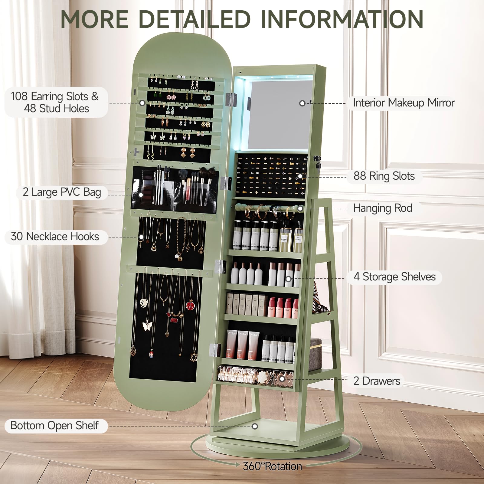 360° Swivel Jewelry Mirror Cabinet with LED Lights