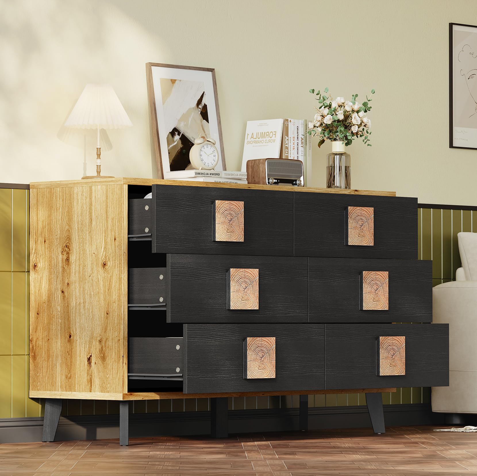 6 Drawer Wood Dresser with Natural Grain - 47 Inch TV Stand Storage Organizer