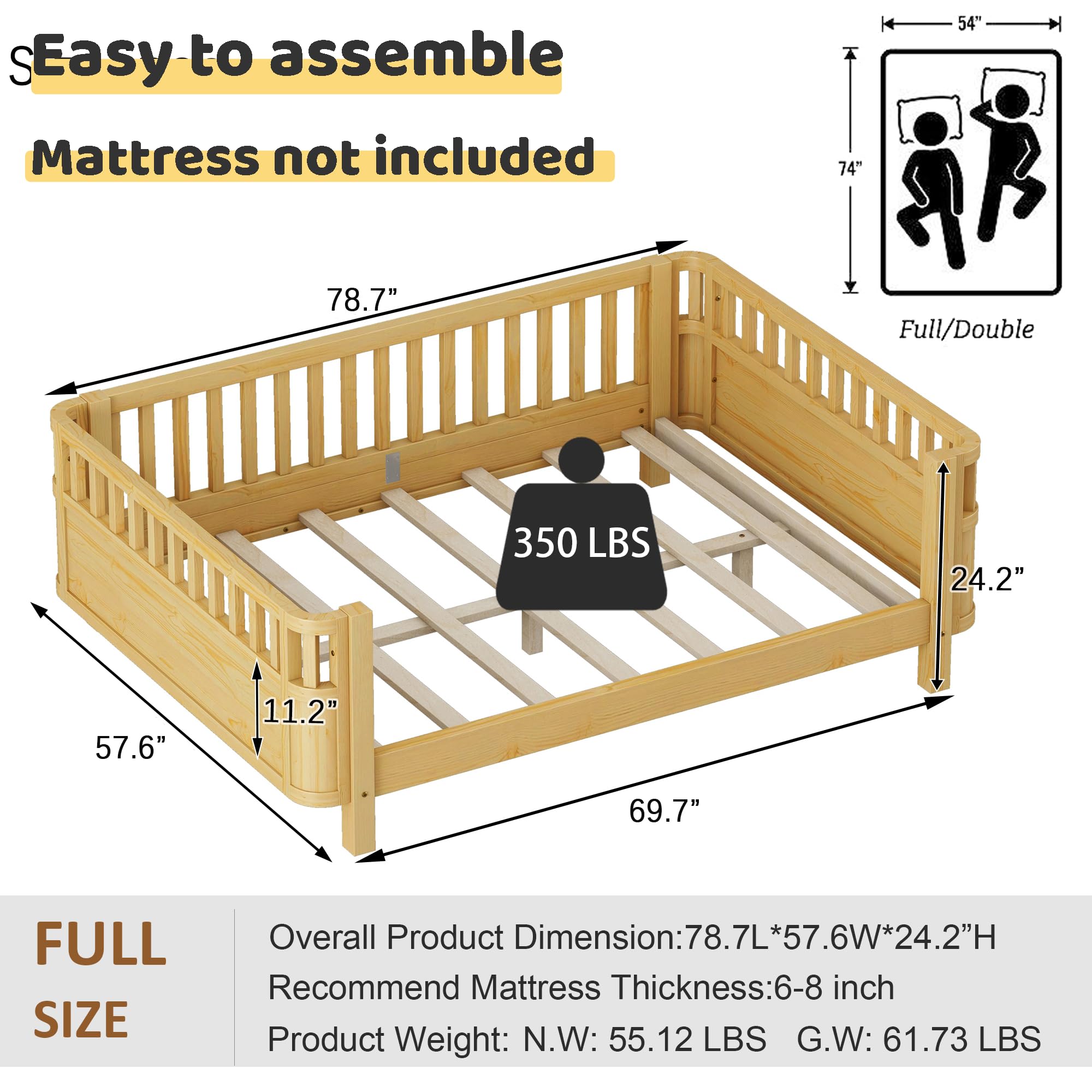 Full Size Montessori Bed Frame with Rails