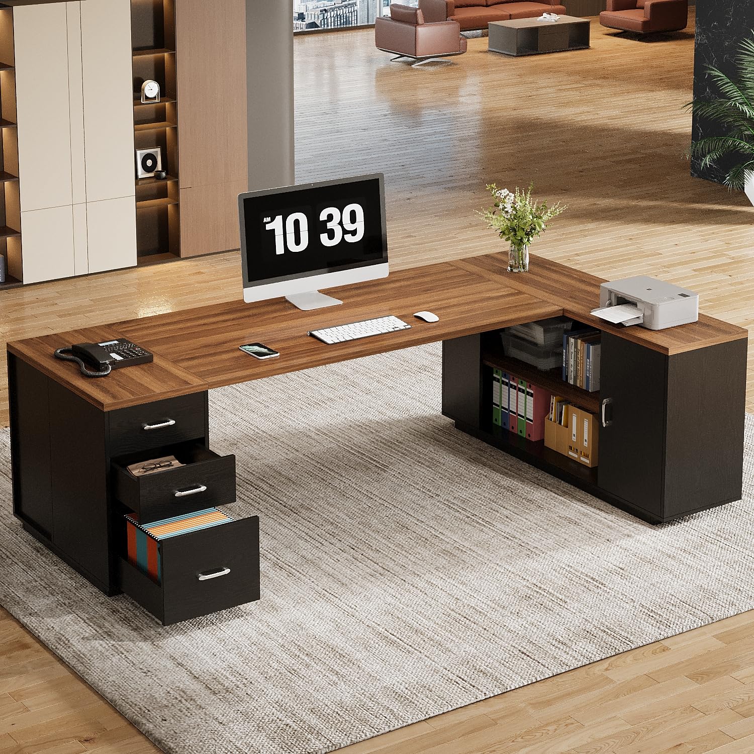 85.8-Inch L-Shaped Executive Desk with File Drawers and Storage Cabinet