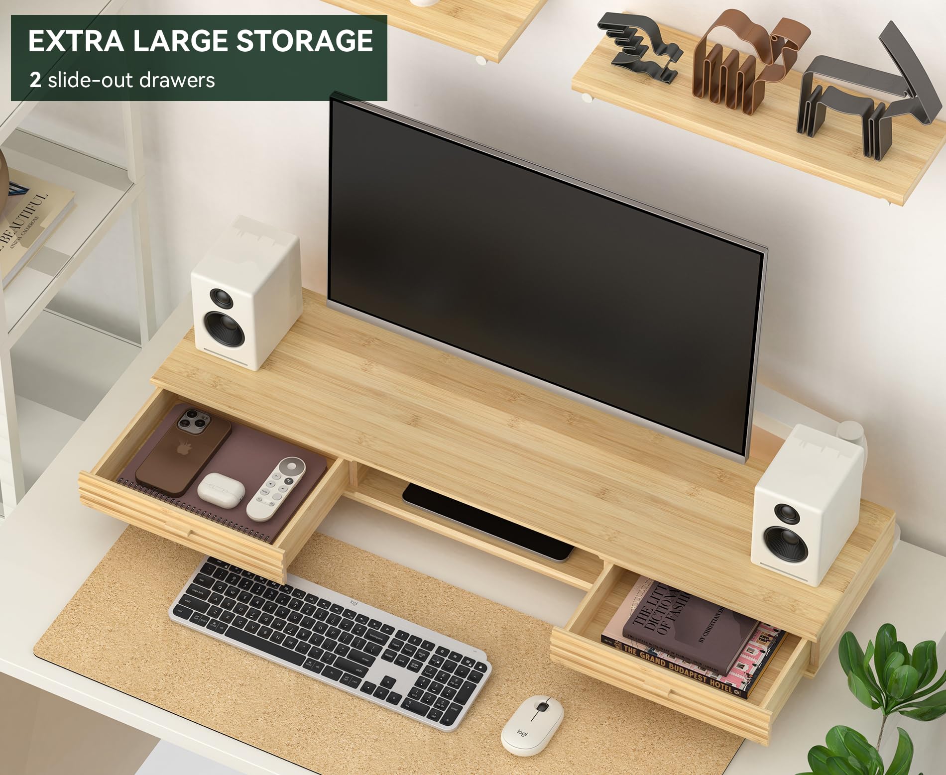 Bamboo Monitor Stand with Drawer - 39 Inch Desk Organizer