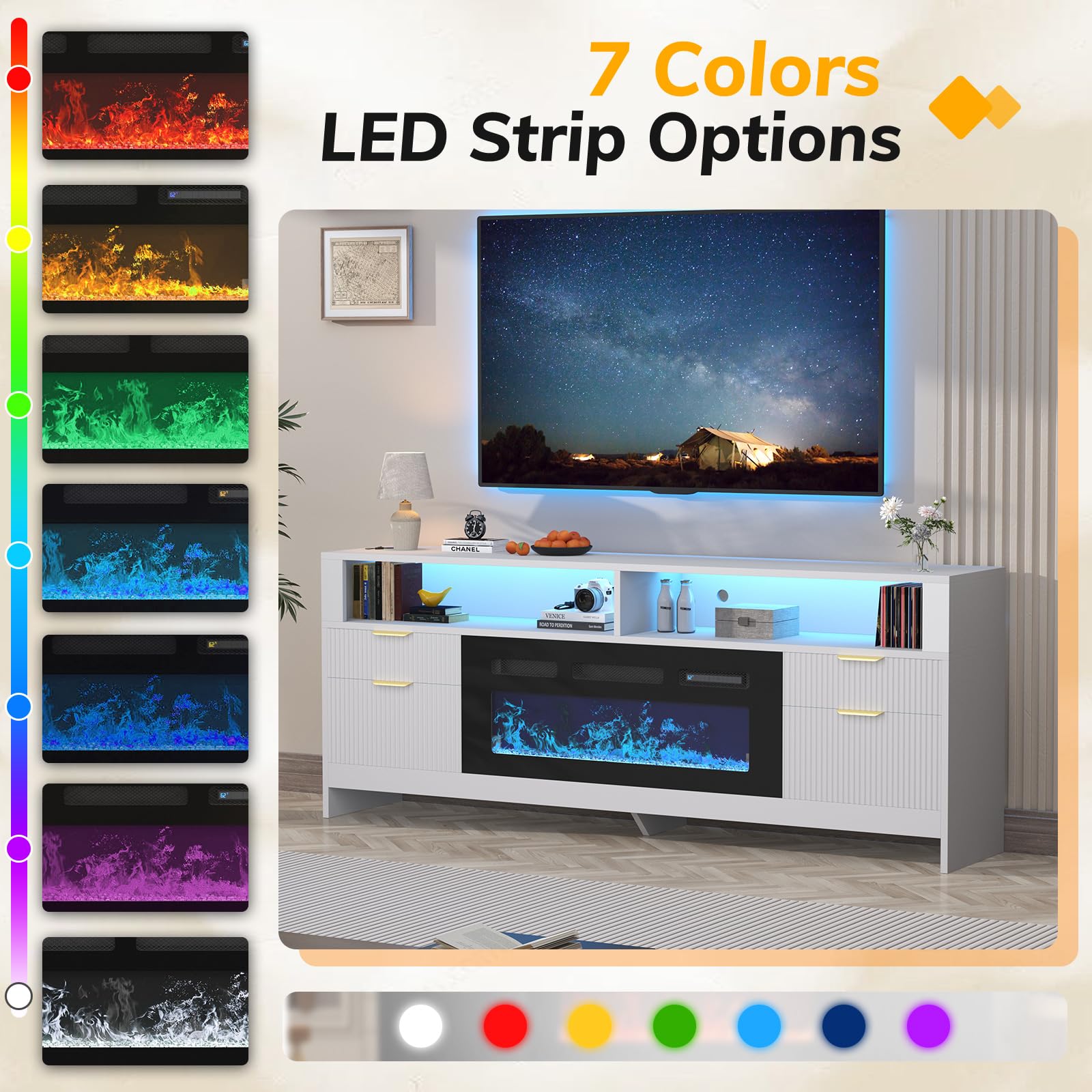 70" Electric Fireplace TV Stand with LED Lights