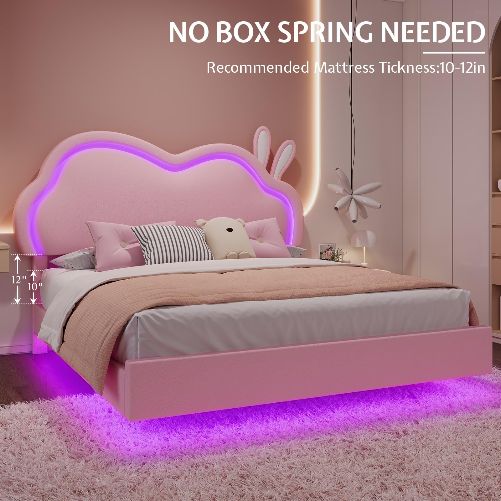Queen Pink Upholstered Platform Bed with LED Lights