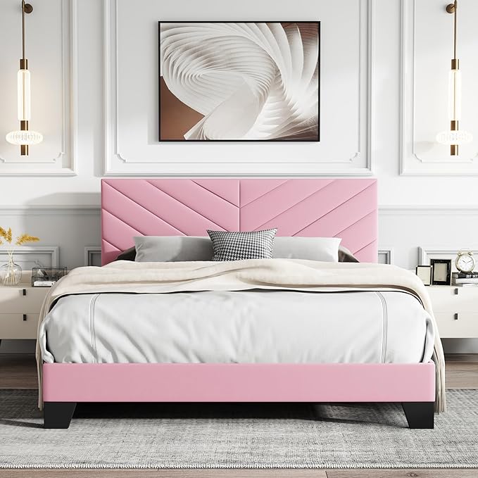 Queen Platform Bed Frame with Upholstered Headboard