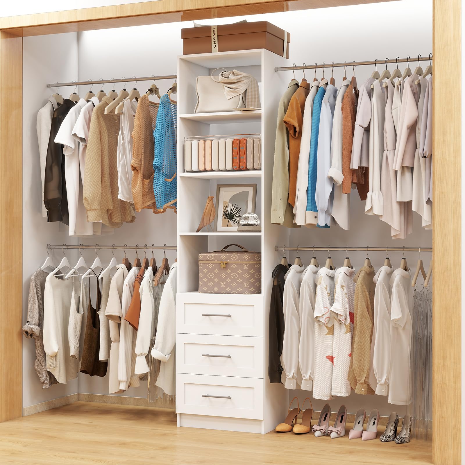 Custom Closet Organizer System with Drawers and Hanging Rods