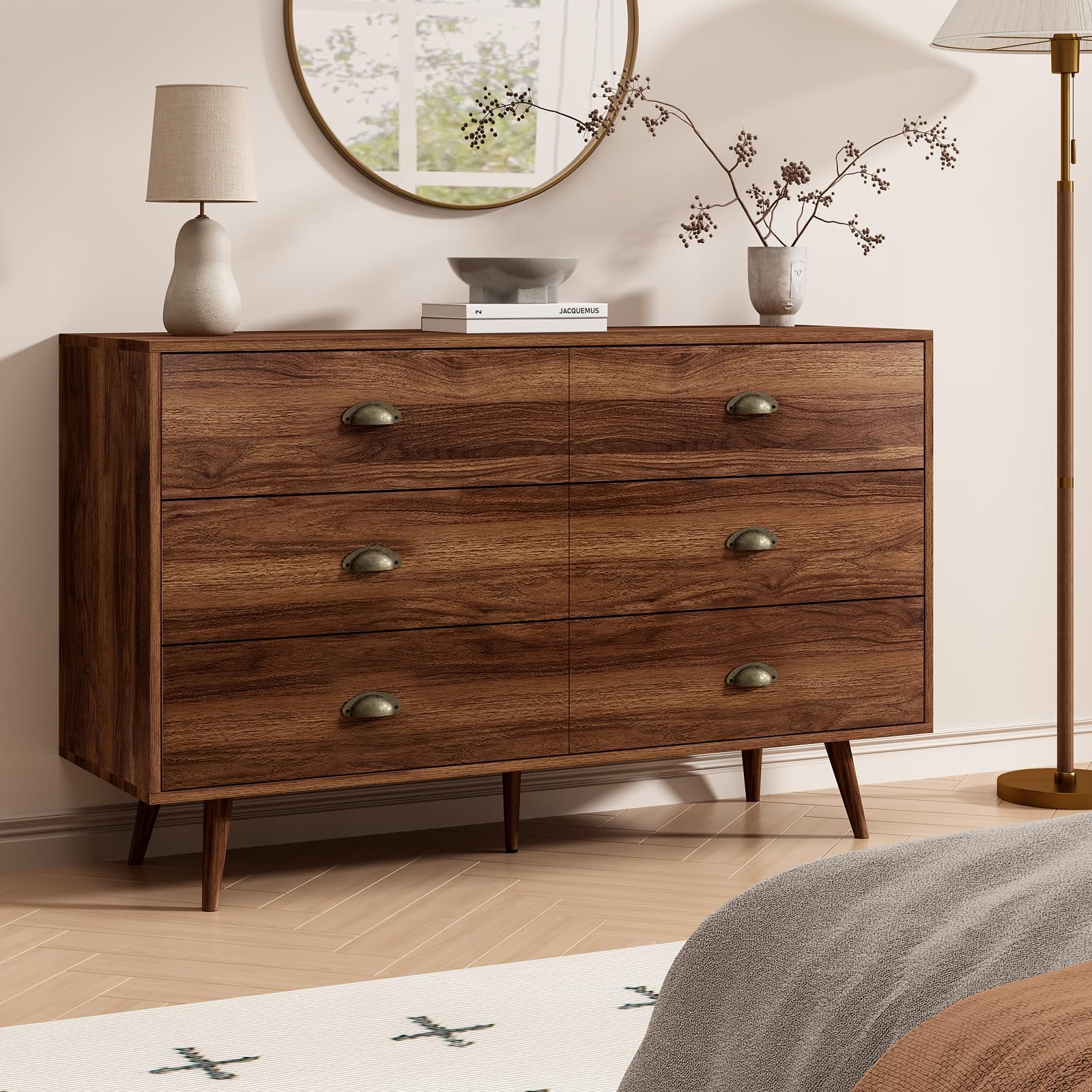 6 Drawer Walnut Brown Dresser