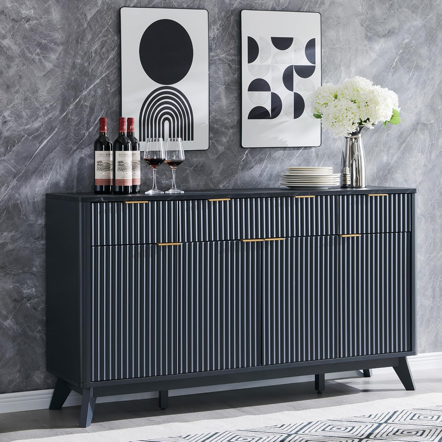 60" Fluted Buffet Sideboard Cabinet with 3 Drawers and 4 Doors