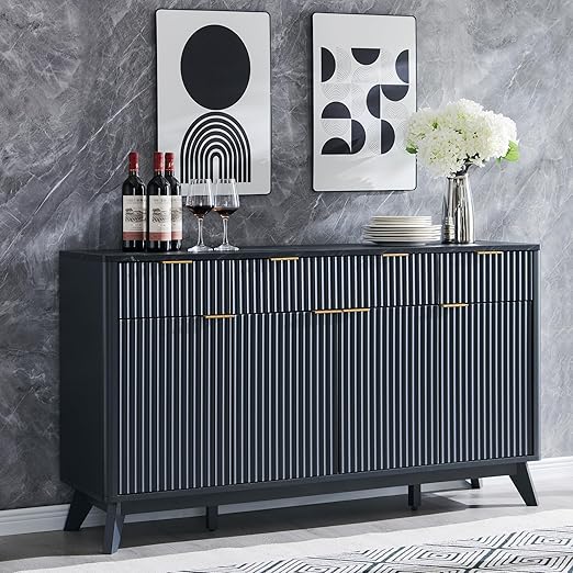 60" Fluted Buffet Sideboard Cabinet with 3 Drawers and 4 Doors