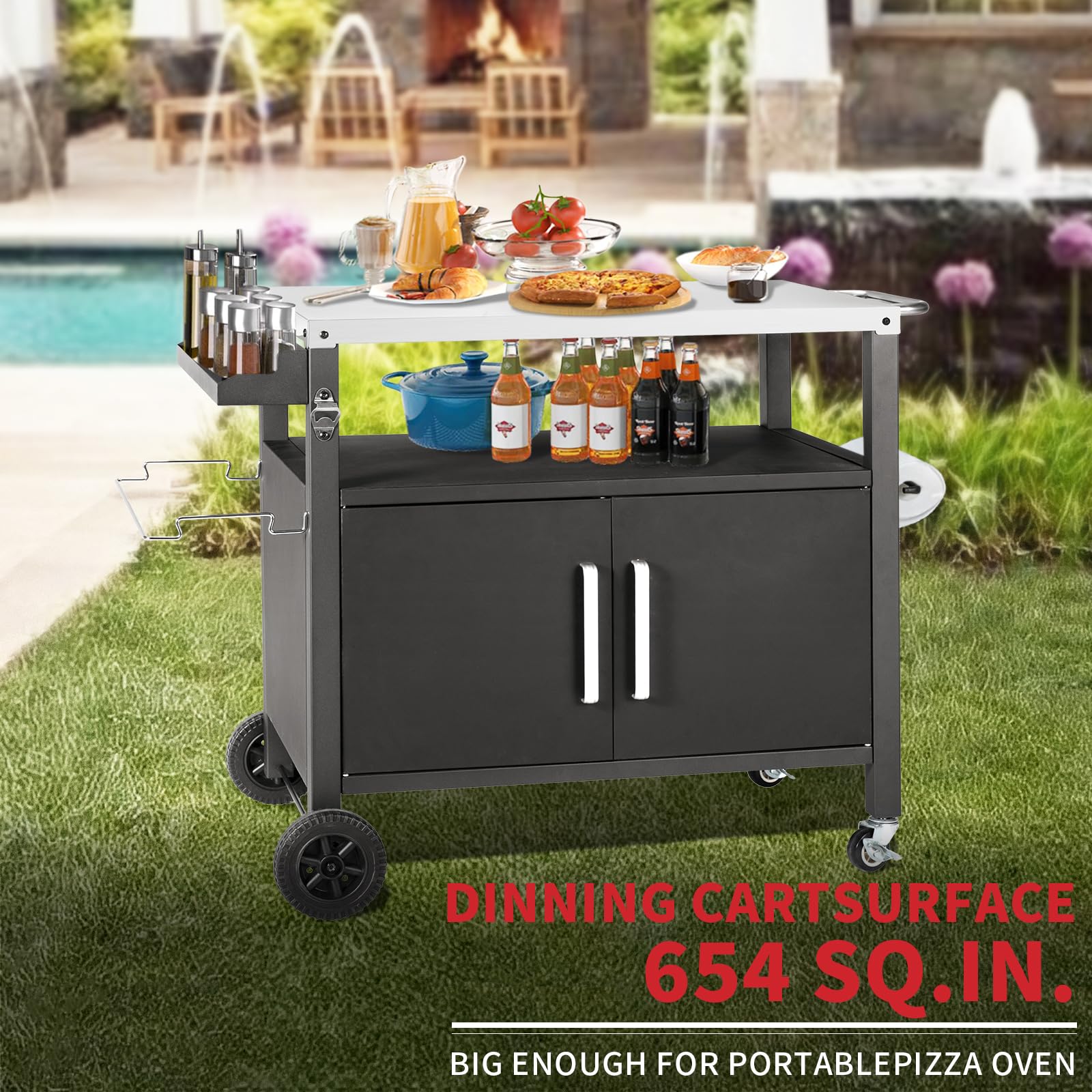 Grill Cart Table with Storage Cabinet