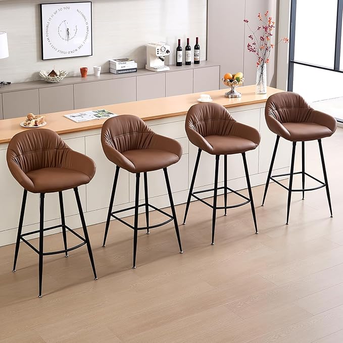 Mid Century Modern Barstool Set of 2 - PU Leather Counter Height Stools with Walnut Bentwood Back