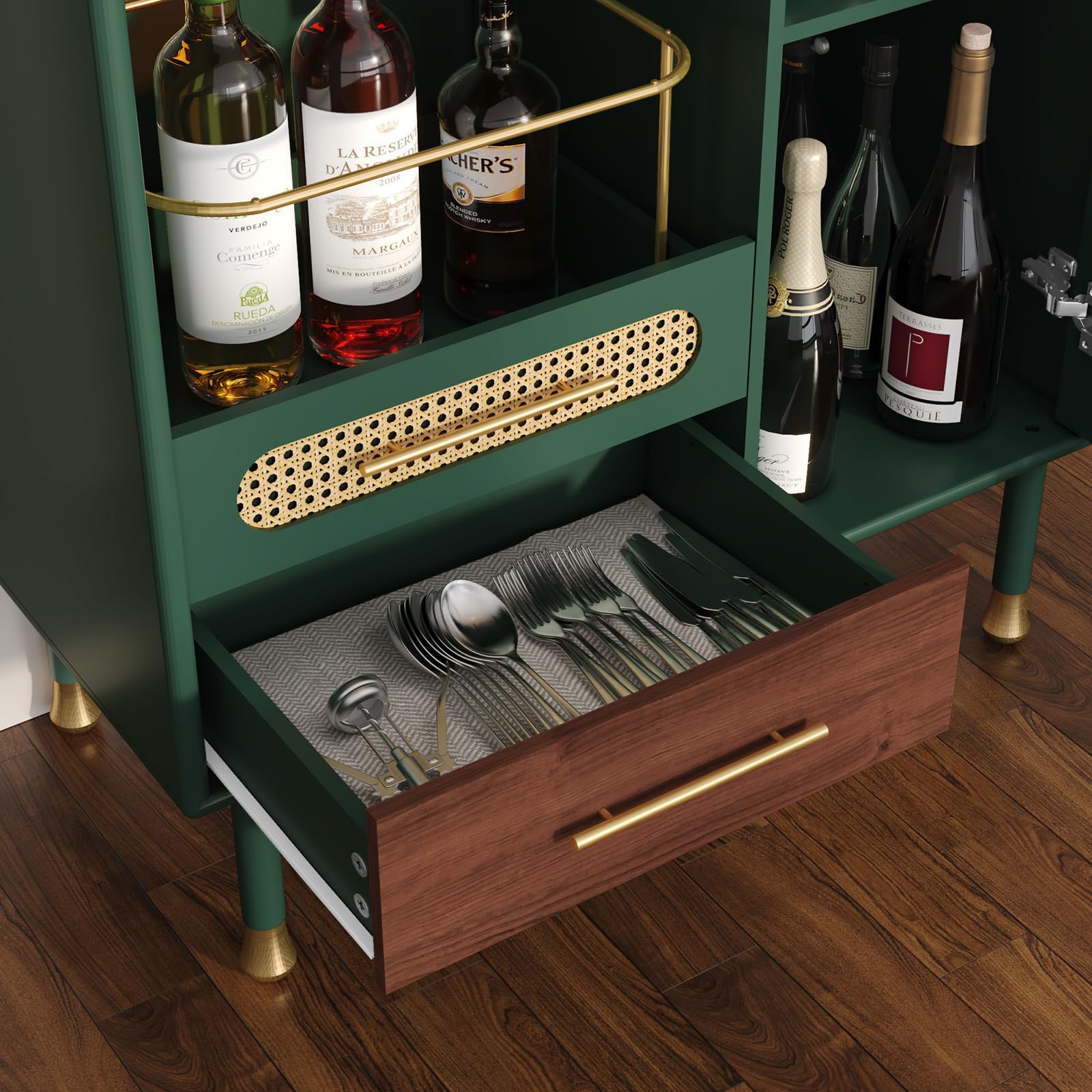 Modern Coffee Bar Cabinet with Wine Glass Rack and Drawers