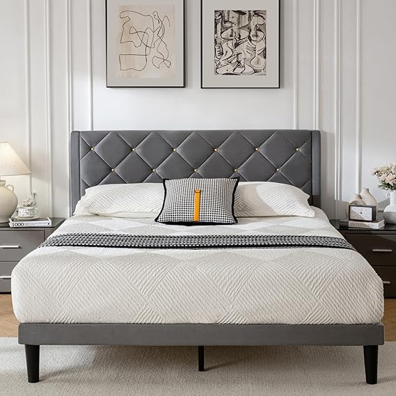 Queen Platform Bed Frame with Velvet Upholstered Headboard