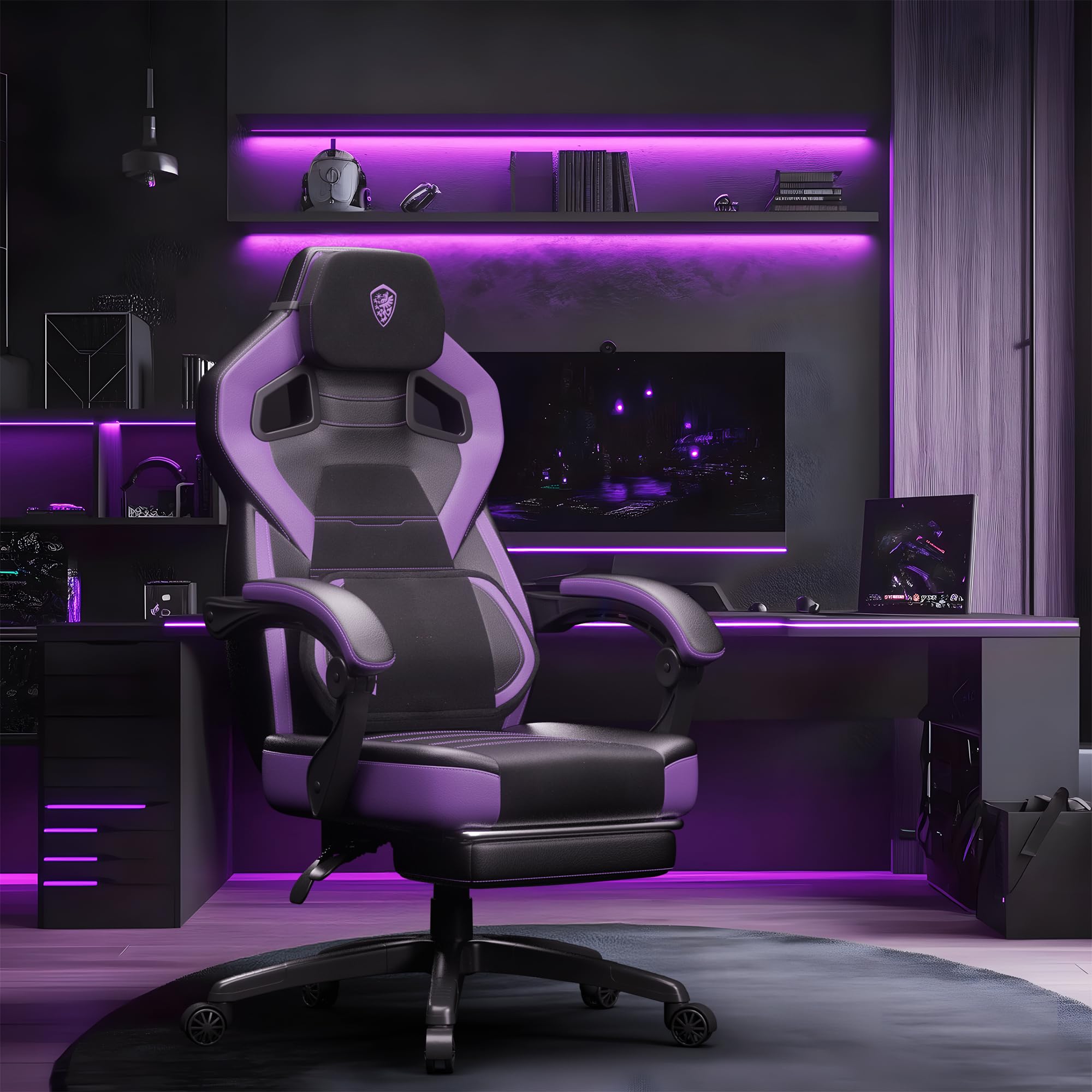 Dowinx PU Leather Gaming Chair with Footrest, Big and Tall Ergonomic Computer Chair with Lumbar Support, Wide Back Gamer Chair for Heavy People, Purple
