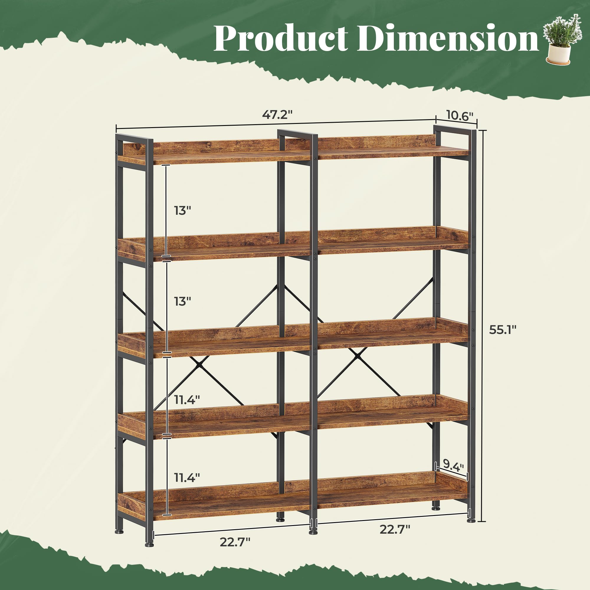 5 Tier Bookshelf with 10 Open Shelves