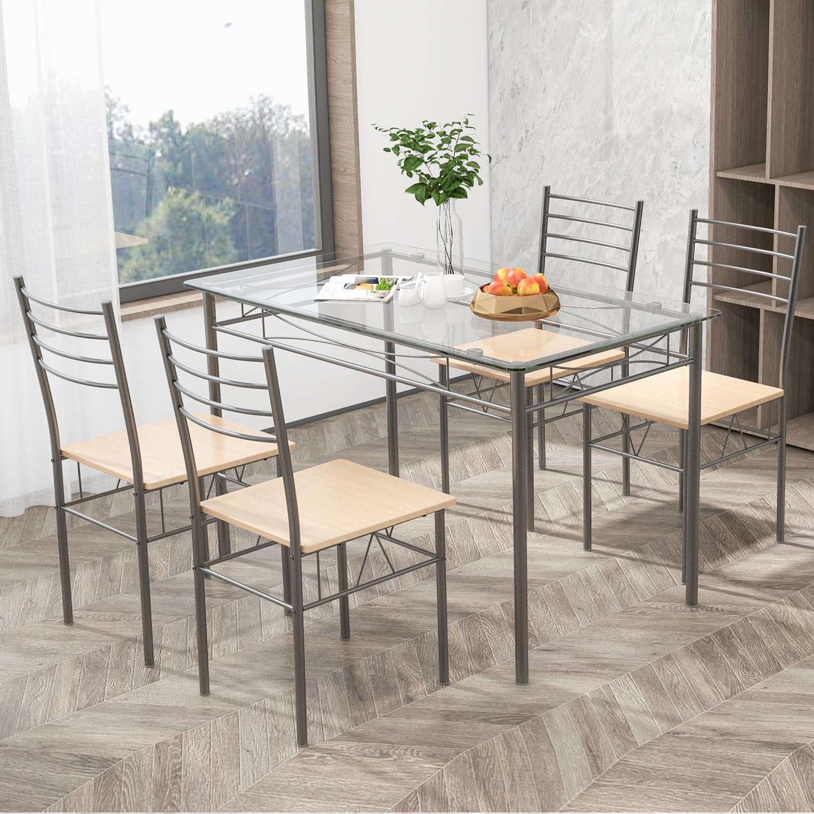 5 Piece Glass Dining Table Set with 4 Chairs