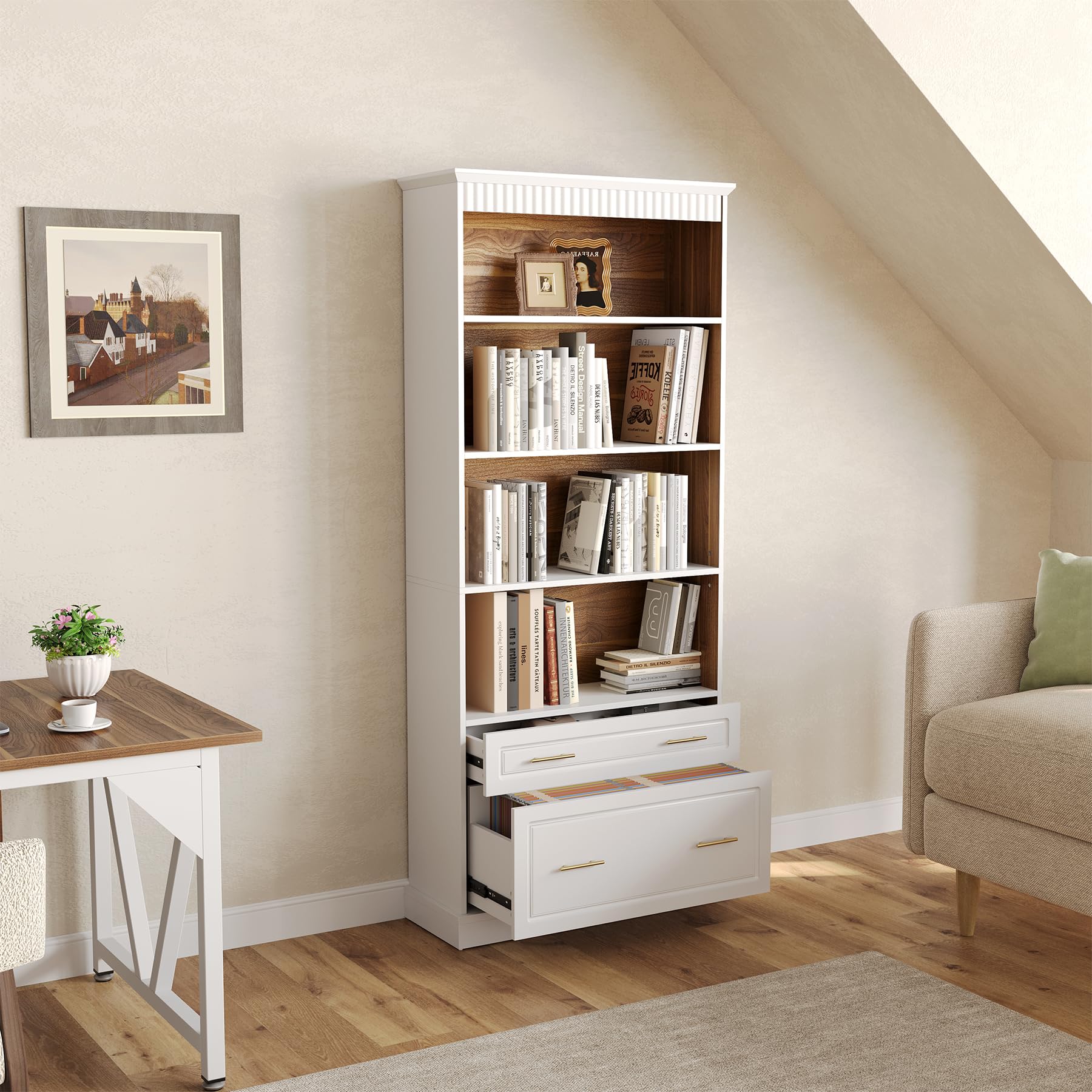 5-Tier Tall White Bookcase with Drawers