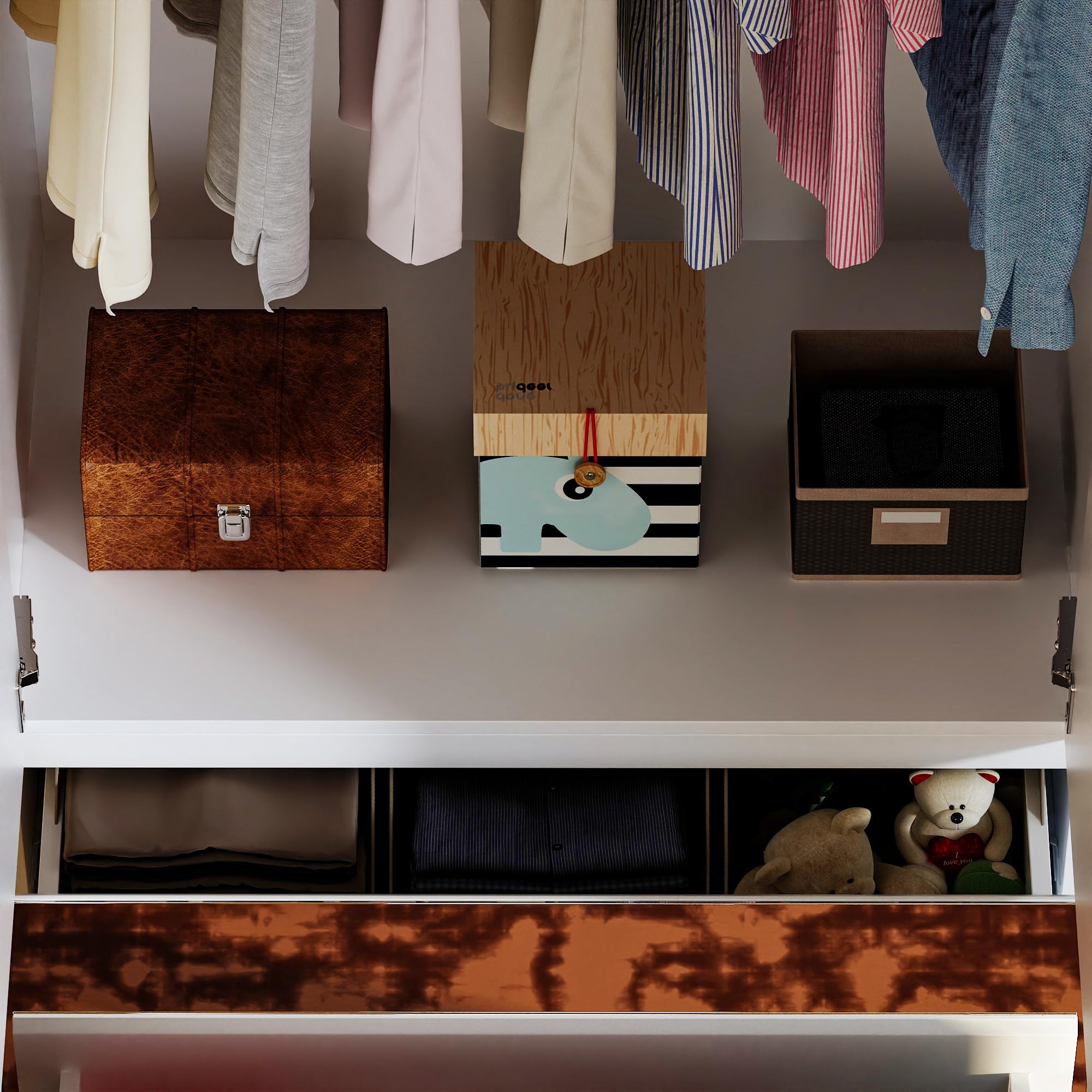 Mirrored Wardrobe Closet with 2 Doors, 2 Drawers & Hanging Rod