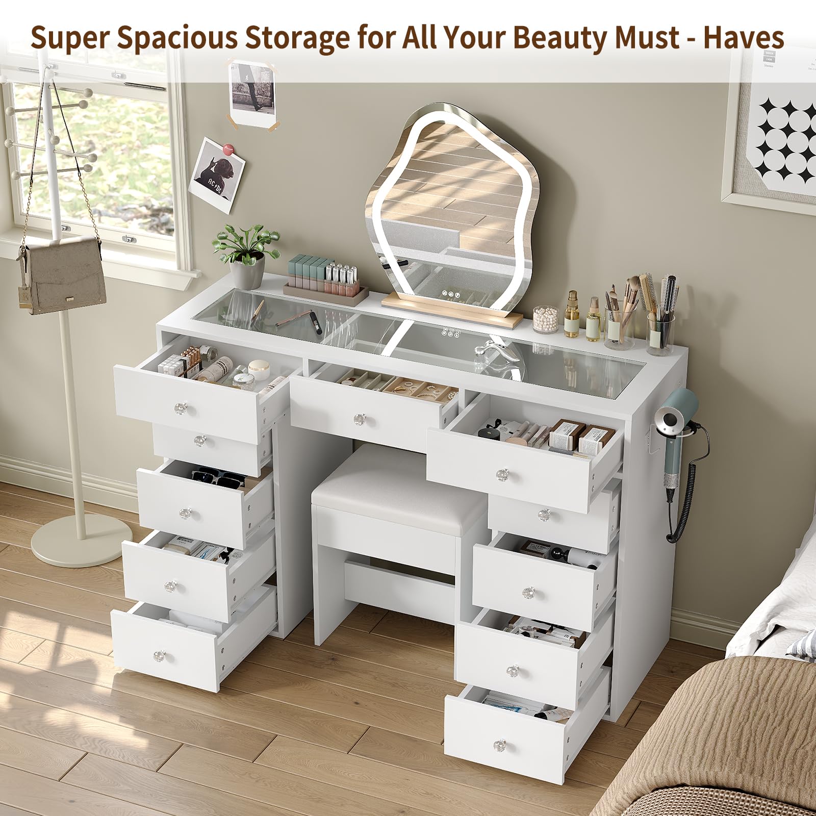 47" Glass Top Vanity Desk with 11 Drawers and Charging Station