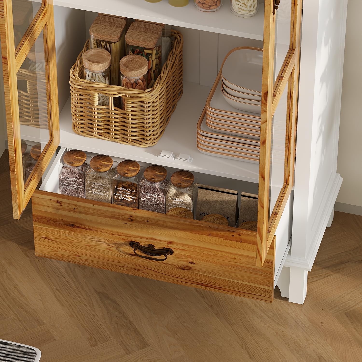 70.9" Kitchen Pantry Cabinet with Glass Doors and Drawer