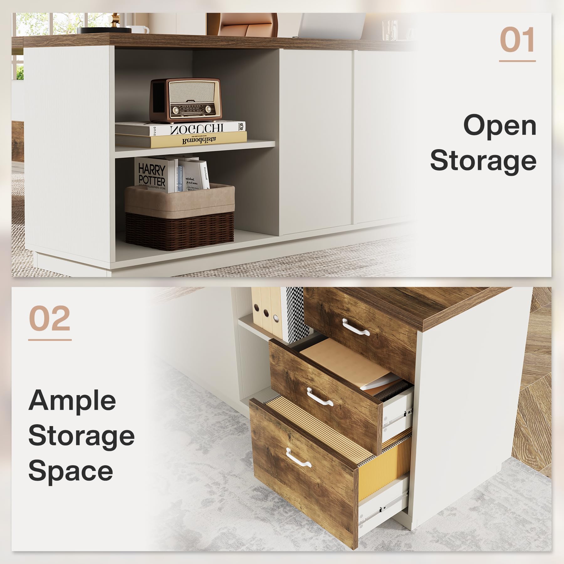 Tribesigns 78" L-Shaped Executive Desk, Large Modern Office Desk with Drawers and Lateral File Cabinet, Business Furniture with Storage Shelves, Big Computer Desk for Home Office (Brown + White)