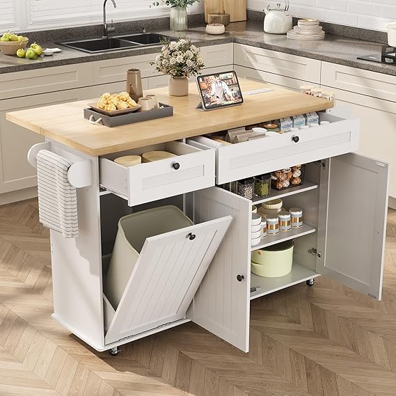 60" Large Kitchen Island Table on Wheels with Drop Leaf & Power Outlet