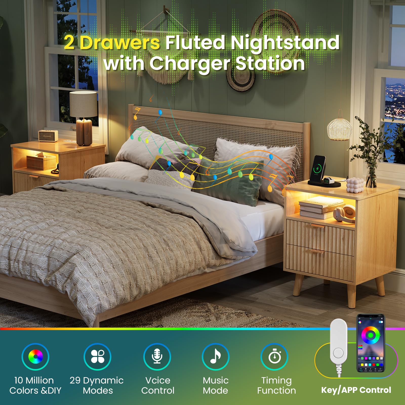 AOGLLATI Fluted Nightstand Set of 2 with Charging Station, LED Nightstand with 2 Drawers and Open Storage Cubby, Modern Bedside Table with LED Lights & Metal Handle for Bedroom