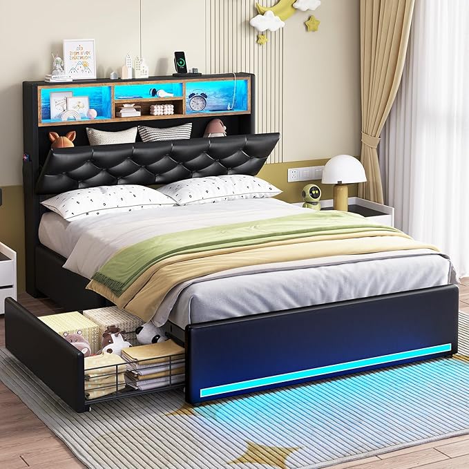 Full Size Bed Frame with LED & Storage