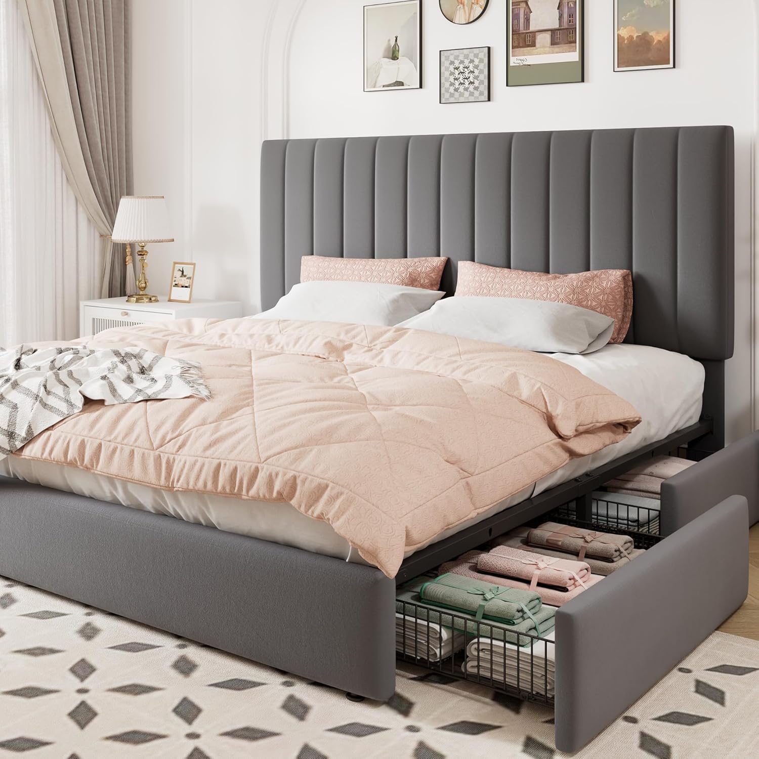 Queen Size Storage Bed Frame with Adjustable Headboard