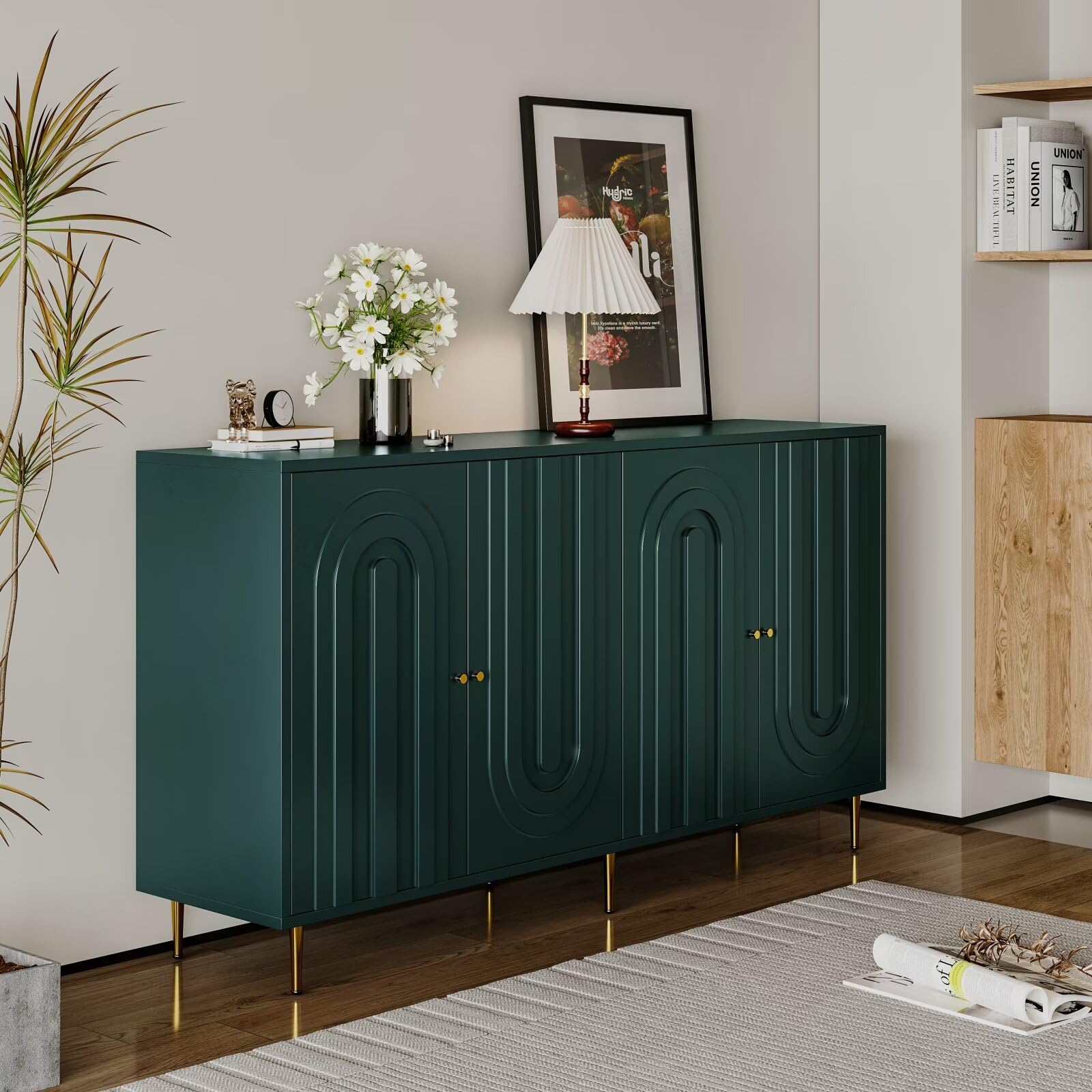 Modern Green Lacquered 4-Door Wooden Sideboard Cabinet