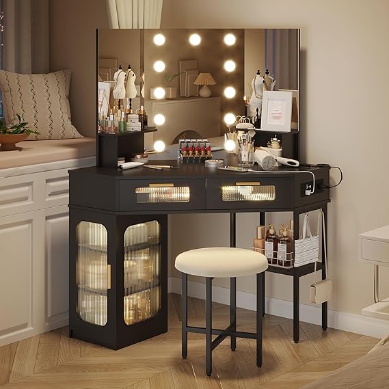 Corner Makeup Vanity Desk with Hollywood Mirror and Lights